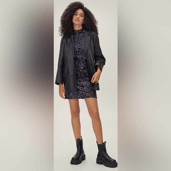 NWT Nasty Gal High Neck Halter Mini Shift Dress in Black w Mini Silver Sequins - Picture 4 of 10